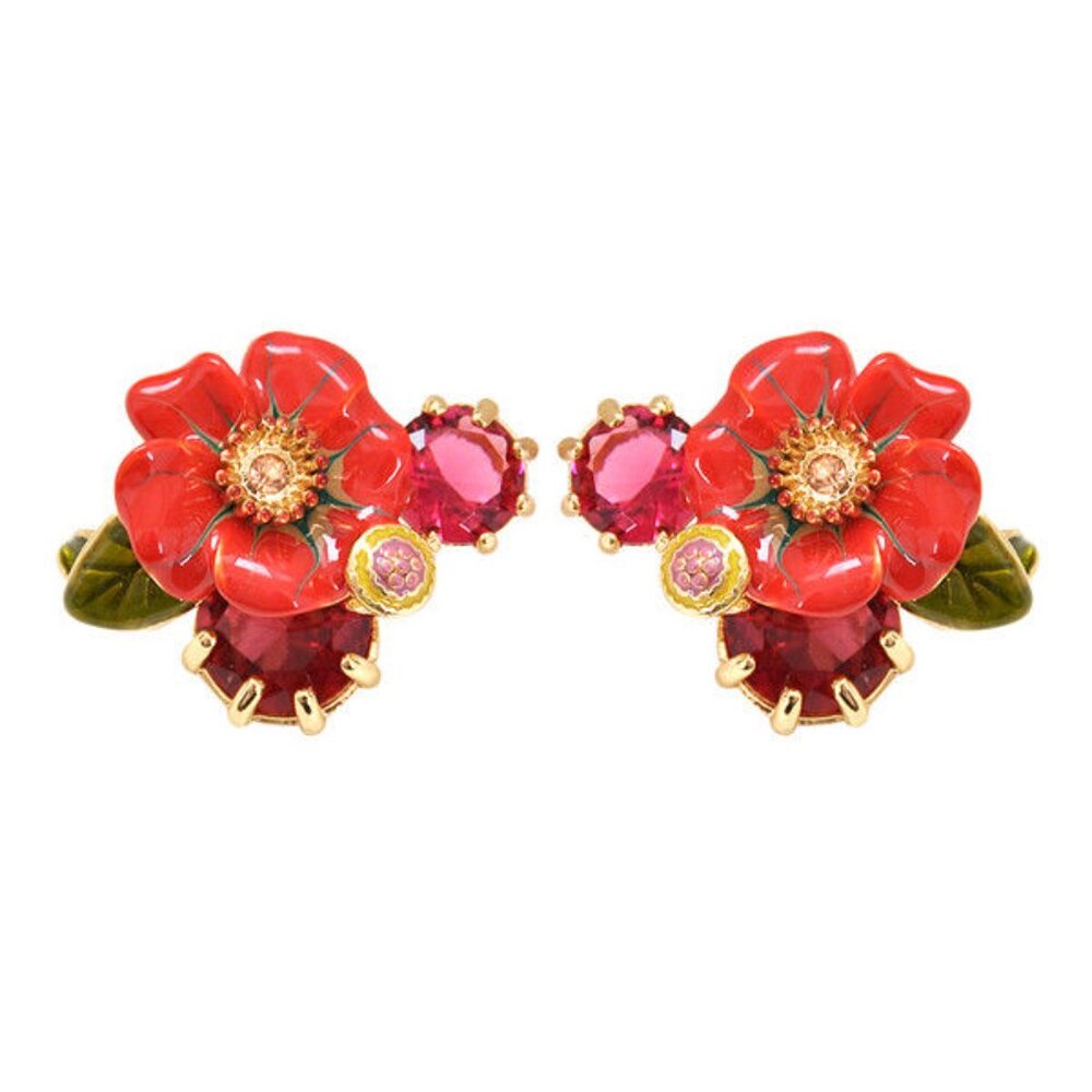 Les Nereides Red flower and faceted stone Stud earrings
